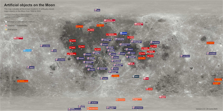 Map of the Moon showing locations of human-made artefacts.